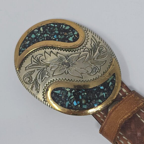 Triple K Tooled Leather Belt with German Silver and Turquoise Western Buckle 34 - Picture 9 of 13